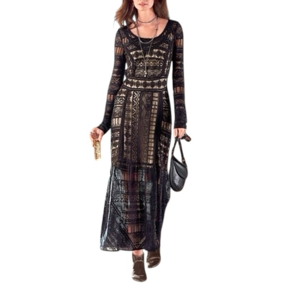 Sundance Dresses & Skirts - Sundance Long Sleeve Black Crochet Style Lace Maxi Dress Size 2